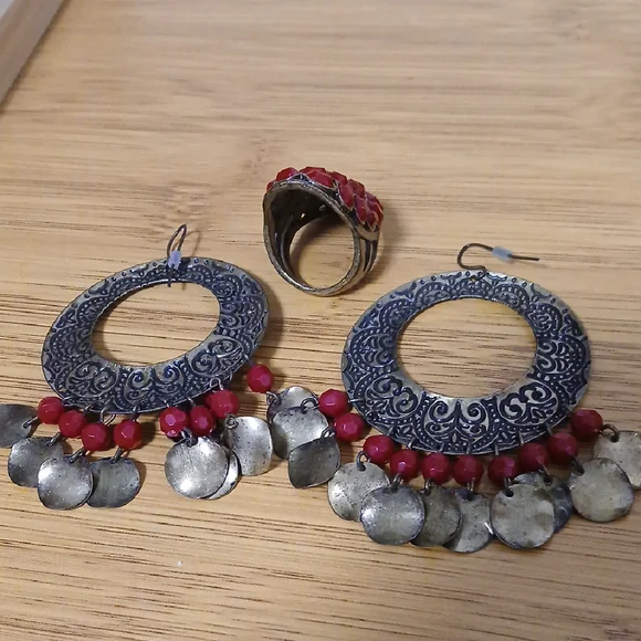 Red and Silver Tassel Crescent Earrings - Picture 2 of 7